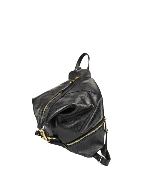 Shoulder Backpack in Natural Tanned Leather with Gold Finishes - Black