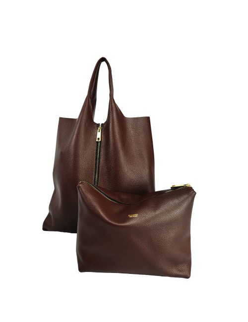 Envelope Zip Shoulder Bag in Grained Leather - Moka