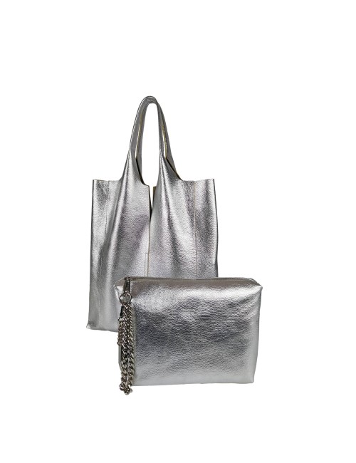 Envelope Shopping Shoulder Bag in Grained Leather - Silver