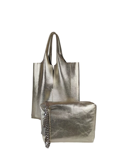 Envelope Shopping Shoulder Bag in Grained Leather - Platinum