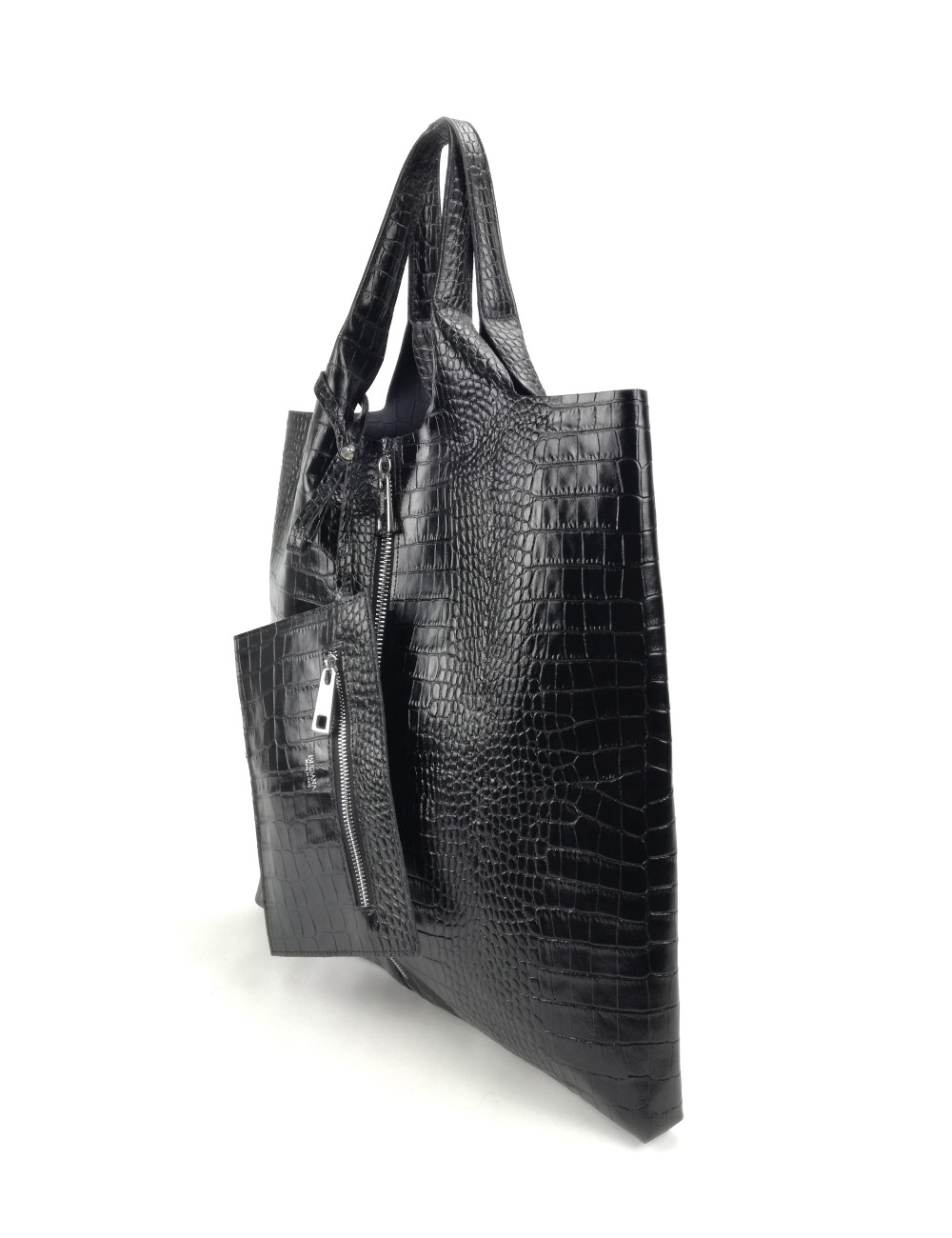 Envelope Zip Shopping Shoulder Bag in Crocodile Print Leather - Black